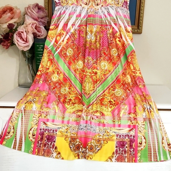 Vibrant Multicolor Short Sleeve Bohemian Dress Size Large Colorful Art To Wear - Picture 3 of 8